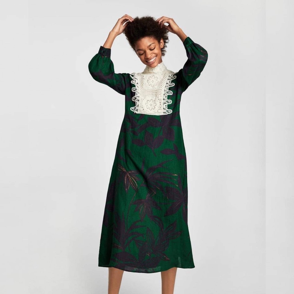 Zara Long Sleeve Leaf Print Crochet Linen Dress - Picture 9 of 9